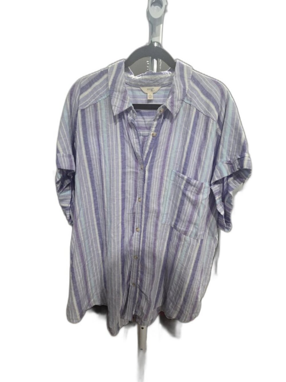Terra & Sky Button Up Camp Shirt Plus Size 3X Blue Purple Stripe Linen Blend